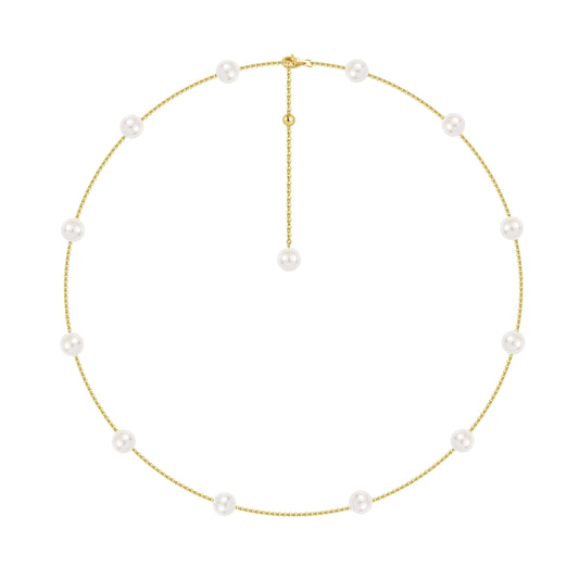 Cultured Pearl Station Necklace in 18K Yellow Gold - 6mm